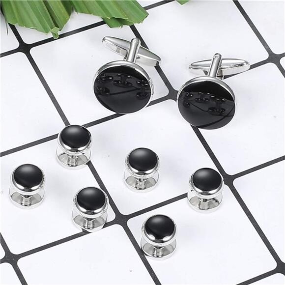 Mens Cufflinks & Studs Set Tuxedo Shirts Classic Black&Silver Match for Business - Picture 5 of 8